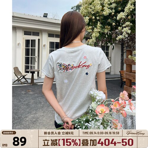 404MOB手写花卉刺绣短袖T恤女款美式潮流修身凉感防晒t辣妹装上衣