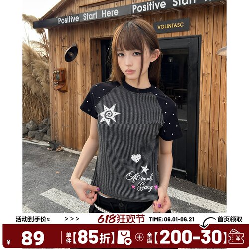 404MOB波点拼接美式辣妹短袖T恤女2026夏季修身短款正肩Y2K显瘦潮