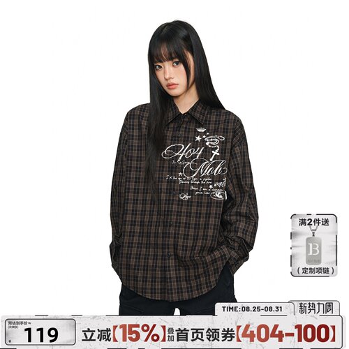 404MOB美式复古格子衬衫女秋季宽松高街印花全棉长袖衬衣情侣外套