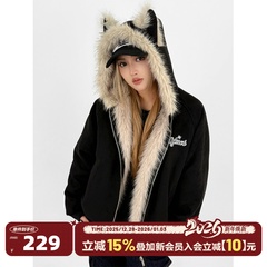 404MOB秋冬新品加厚棉服开衫连帽棉衣男女同款毛领猫耳座山雕外套