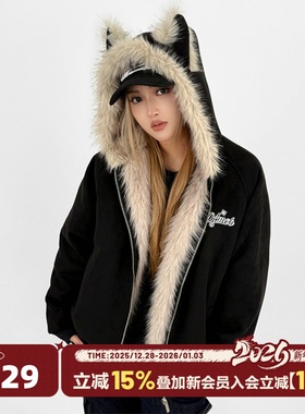 404MOB秋冬新品加厚棉服开衫连帽棉衣男女同款毛领猫耳座山雕外套