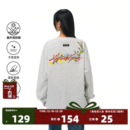 [章若楠同款]404MOB花卉刺绣长袖T恤男女美式宽松防晒圆领打底衫