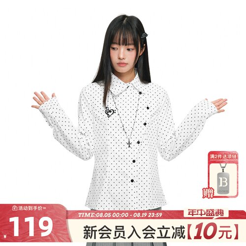 404MOB不对称斜襟波点长袖衬衫秋复古百搭修身显瘦爱心刺绣上衣女