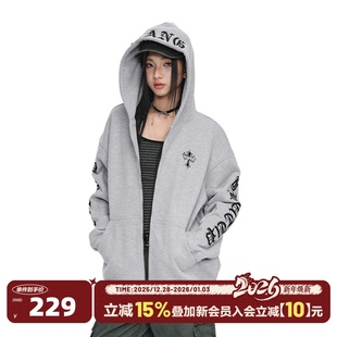 404MOB华夫格银狐绒加绒加厚连帽开衫 哥特潮牌外套 卫衣男宽松美式