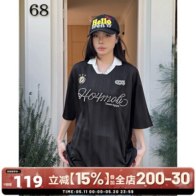 404MOB重工钉珠POLO衫球衣T恤撞色翻领宽松休闲V领短袖情侣上衣t