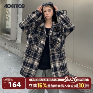 404MOB秋季 毛呢格子外套潮流小众翻领外穿情侣宽松休闲小香风夹克