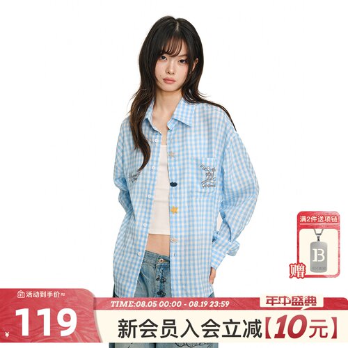 404MOB蓝色褶皱刺绣复古格纹长袖衬衫男薄款ins简约宽松潮流衬衣