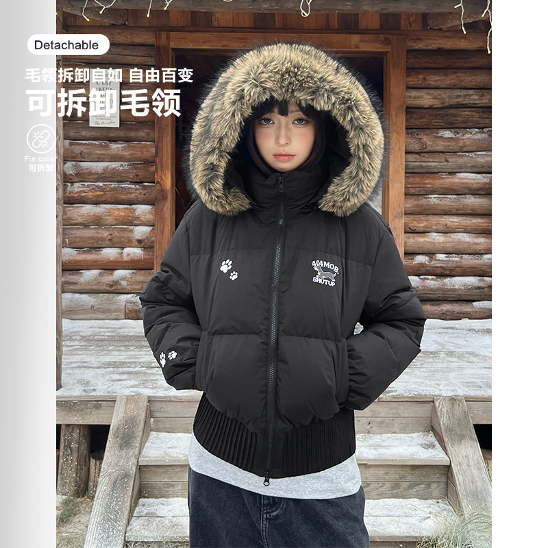 404MOB座山雕90白鸭绒羽绒服可拆卸毛领短款女款面包服保暖外套25