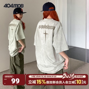 复古刺绣重磅圆领潮牌宽松半袖 美式 t恤男夏新款 404MOB麂皮绒短袖