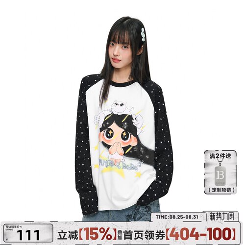 【朵朵DuDu联名】404MOB插肩袖宽松版长袖T恤女满印星星动漫上衣t