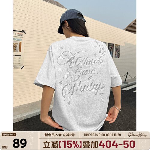 404MOB超火烫钻水钻LOGO情侣落肩体恤上衣ins潮流宽松短袖T恤男女