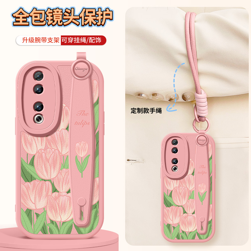 郁金香适用于荣耀90手机壳荣耀90pro女生华为honor荣耀90gt腕带支架保护套小羊皮网红新品款全包送壁纸保护壳
