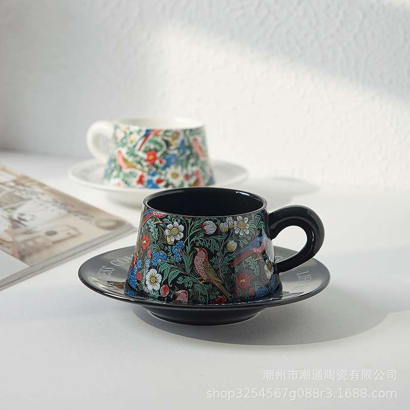 复古花鸟水彩画咖啡杯套装时尚中古下午茶茶杯碟礼盒装高端伴手礼