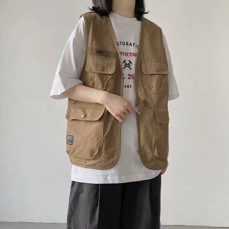 美式复古纯色日系ins多口袋战术工装马甲外套港风坎肩学生男女