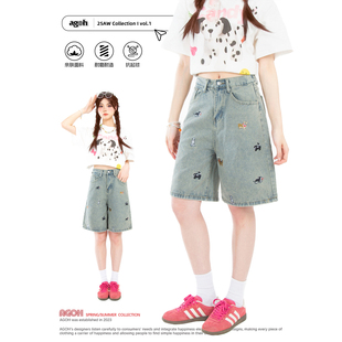 宽松直筒通勤风阔腿五分裤 复古浅蓝色趣味小狗刺绣牛仔短裤 女夏季