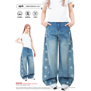 潮 解构水洗做旧弯刀阔腿休闲裤 复古侧边分割星星印花牛仔裤 女美式