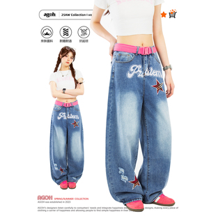 拖地裤 女宽松嘻哈高街破洞男女款 字母贴布星星刺绣辣妹牛仔裤 美式