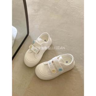 春秋魔术贴帆布鞋透气板鞋女款2025新款厚底小白鞋面包鞋