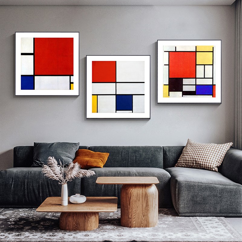 蒙德里安红蓝黄色块构成格子画样板间公寓装饰画几何抽象小众挂画