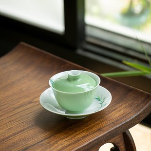 手绘彩竹三才盖碗功夫茶具泡茶碗手工薄胎喝茶碗壶承茶空间手抓碗