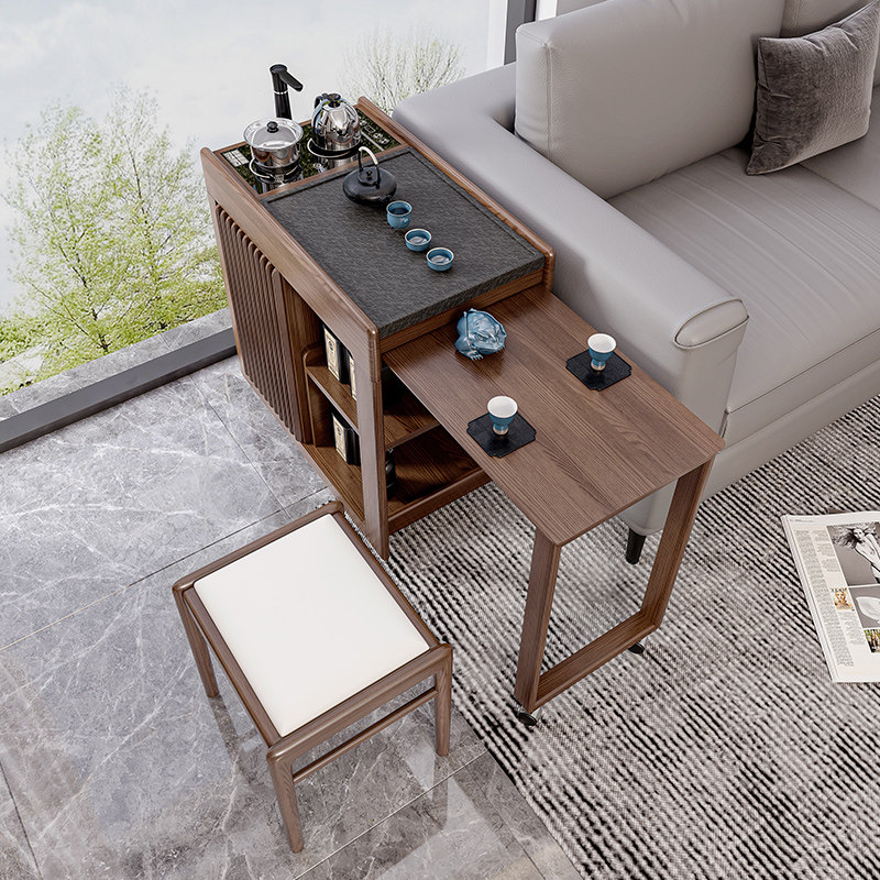 全实木泡茶桌带轮可伸缩乌金石台面烧水壶一体阳台小户型功夫茶台