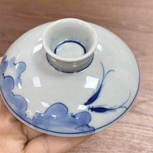 纯手绘鱼趣青花盖碗大号茶杯陶瓷茶具家用泡茶碗手抓三才盖碗茶盏