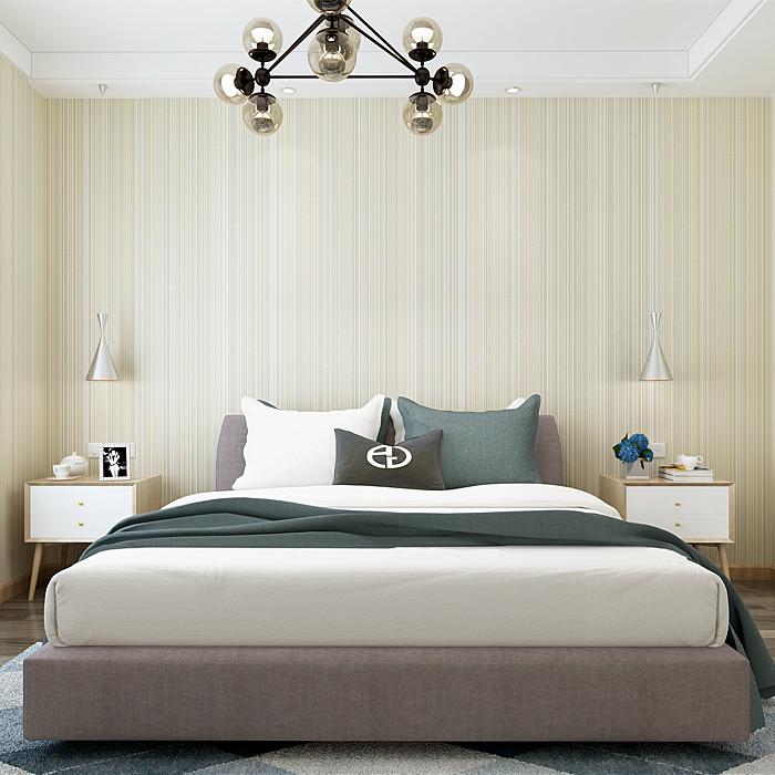 无纺布壁纸 现代简约纯色素色竖细条纹米黄墙纸 卧室客厅酒店宾