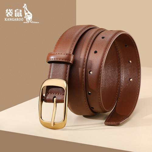 袋鼠女款针扣真牛皮百搭皮带高级