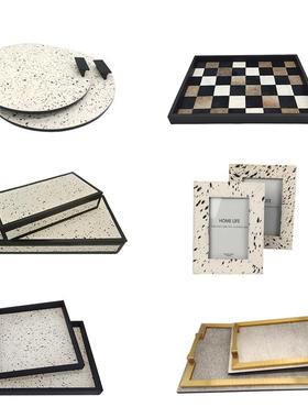 马毛黑白棋盘格托盘摆件现代轻奢样板间斑点收纳盘相框首饰盒装饰