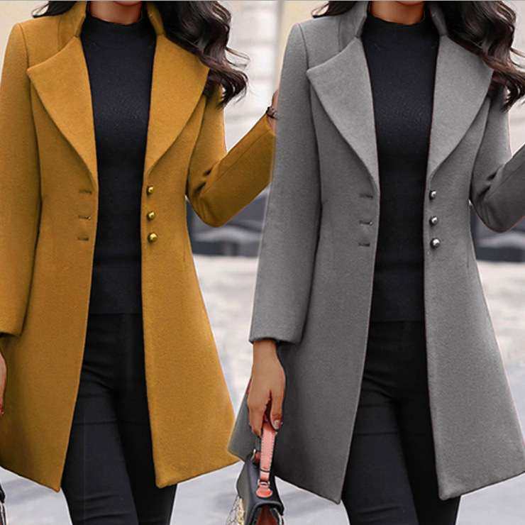 2024中长款韩版翻领显瘦纯色修身女式毛呢大衣外套women clothes