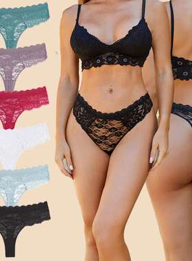 FINETOO热销花纹半透明中腰女士三角裤性感女士蕾丝丁字裤