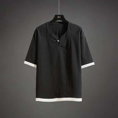 men clothes皱麻宽松大码冰丝夏款假两件7分袖薄款短袖T恤T132024