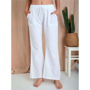 女women 女宽松棉麻口袋休闲裤 clothes 纯色高腰阔腿喇叭裤 2024款