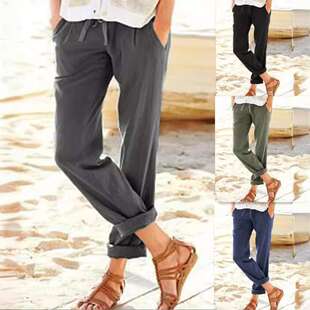 clothes women 2024装 欧美eBay纯色棉麻抽绳宽松休闲松紧腰阔腿裤