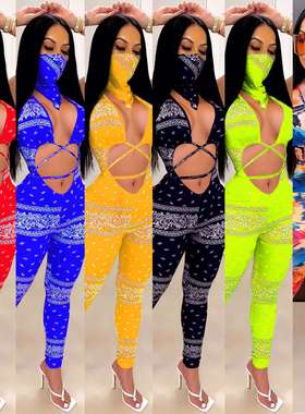 20249wish数码印花时尚欧美性感交叉绑带女装连体裤women clothes