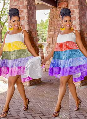 20249欧美时尚女装渐变印花多色吊带无袖短裙连衣裙women clothes