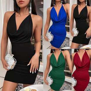 clothes 连衣裙女women 2024春夏ins风时尚 开叉蝴蝶结露背挂脖短款