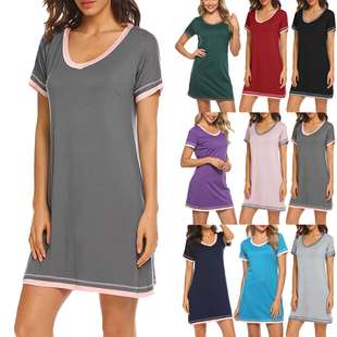 2024外贸女装春夏圆领撞色拼接宽松短袖中长连衣裙women clothes