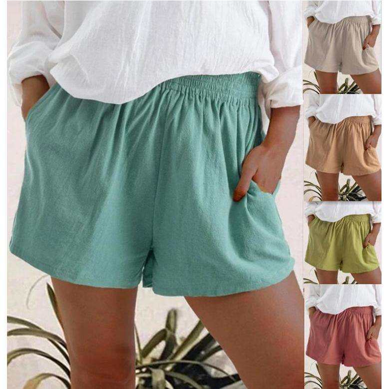 2024品欧美eBay纯色高腰休闲亚麻口袋直筒三分短裤women clothes
