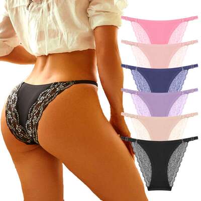 FINETOO女士内裤冰丝蕾丝拼接细带女士无痕三角裤