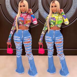 时尚 women 休闲秋长袖 印花短款 clothes 体恤数码 2024不换欧美女装