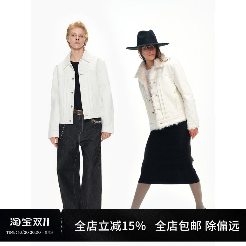 Mob en Costume/明线翻领正肩白色牛仔夹克棉服外套秋冬男女同款