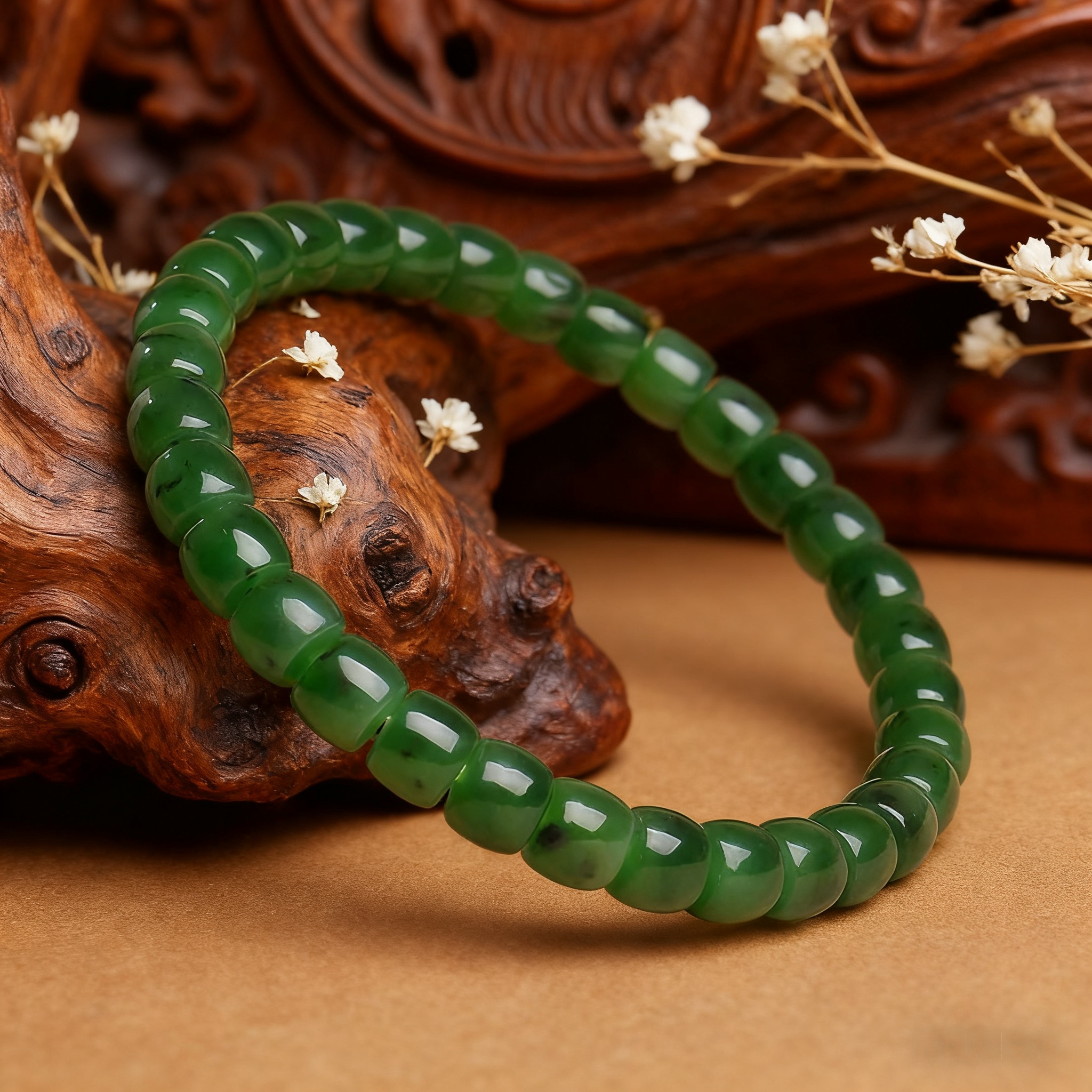 天然和田玉碧玉直切手串女菠菜绿碧玉少黑点老型珠可爱玉珠子手串