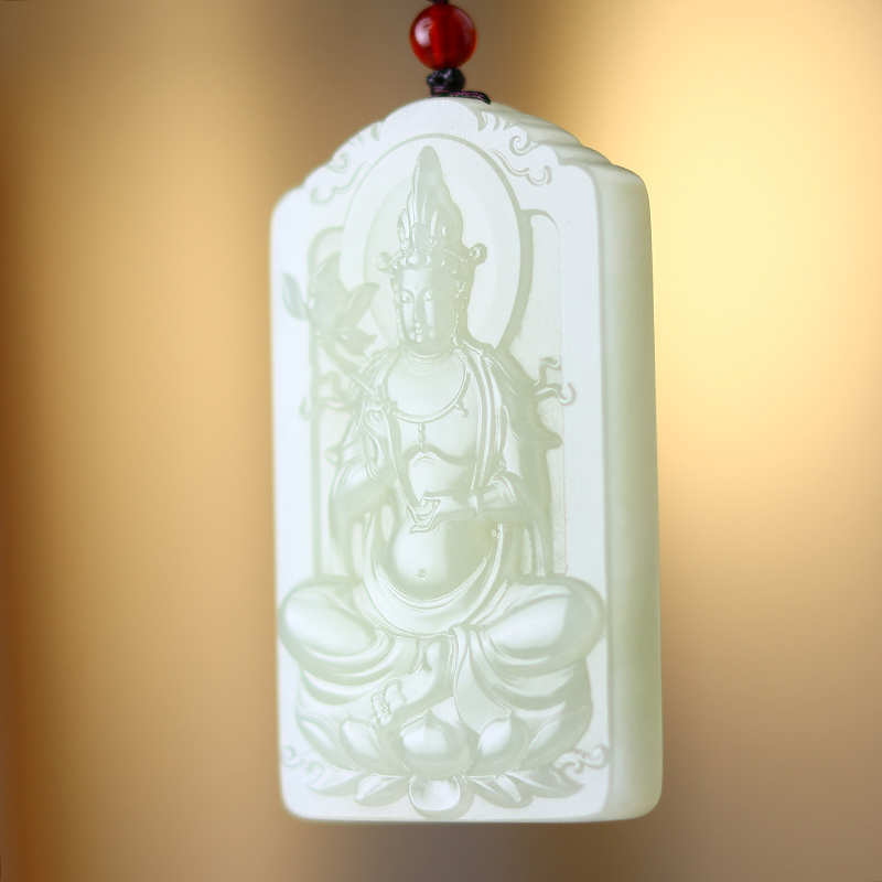 天然和田玉青白莲花观音佛像吊坠双面玉石挂件平安护身符带证书
