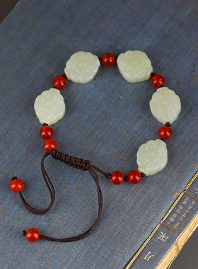 天然和田玉如意五福手链白玉红玛瑙珠子手工编织手串玉石饰品