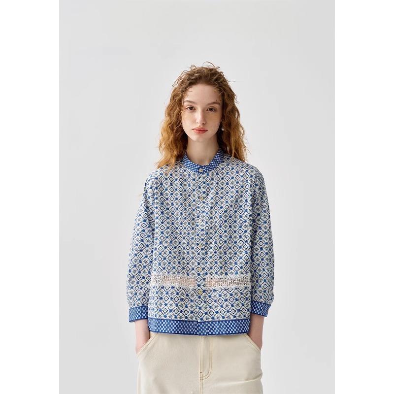 【古韵青瓷】茶愫同款小立领系扣蕾丝拼接印花衬衫2025夏新款