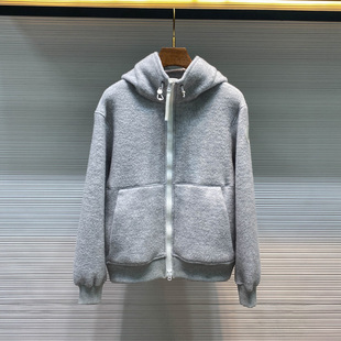 高街欧式帽衫男女时尚潮牌老钱风几何图形羊毛混纺抓绒连帽外套