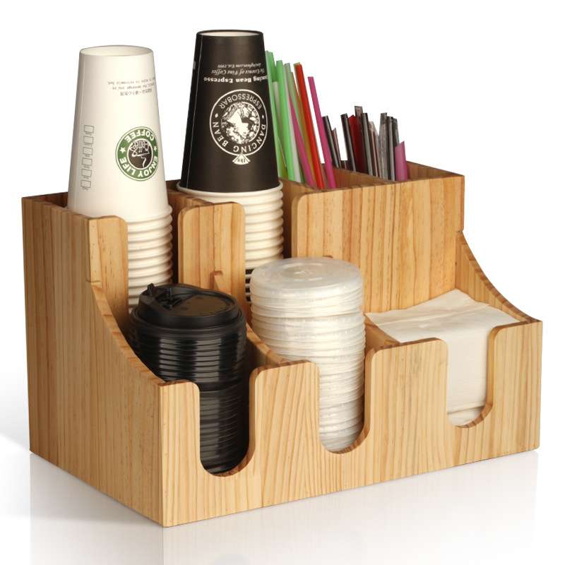 木质杯子架餐巾纸杯盖吸管收纳架免打孔七格纸杯架置物架咖啡杯