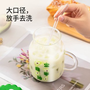 潮语水果玻璃水杯带把手双饮吸管杯大容量家用P冷萃杯牛奶咖啡杯