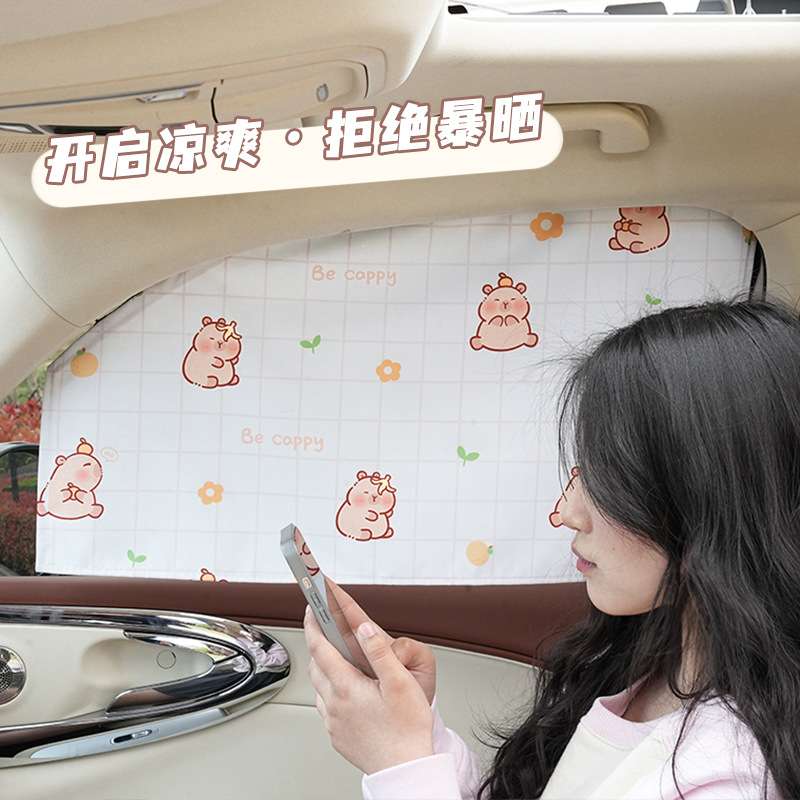夏季汽车遮阳帘侧帘卡通水豚车用防晒遮阳挡卡皮巴拉车载轨道窗帘